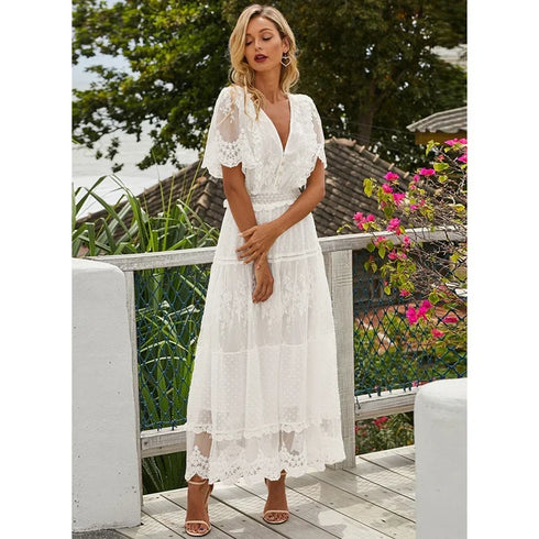 Sexy V Neck Hollow Out Maxi Dress for Women Casual Summer Party Wear